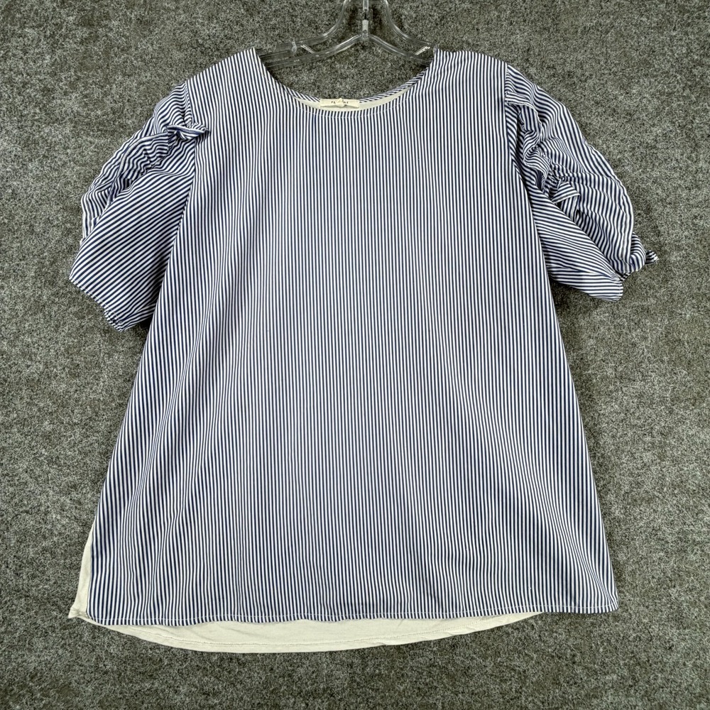Pleione Tunic Top Womens Large Blue‎ White Striped Stretch Ruffle Short Sleeve